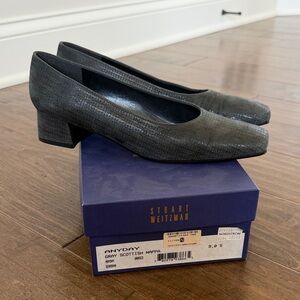 Stuart Weitzman Gray Scottish Nappa Low Block Heel Pumps